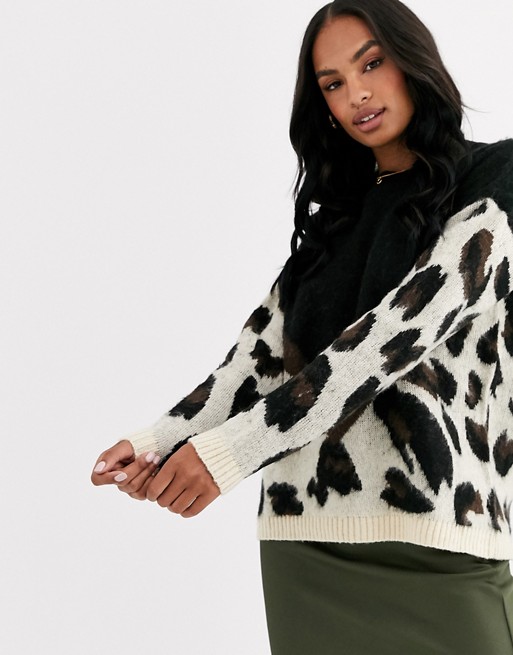 Liquorish oversized colour block leopard print jumper