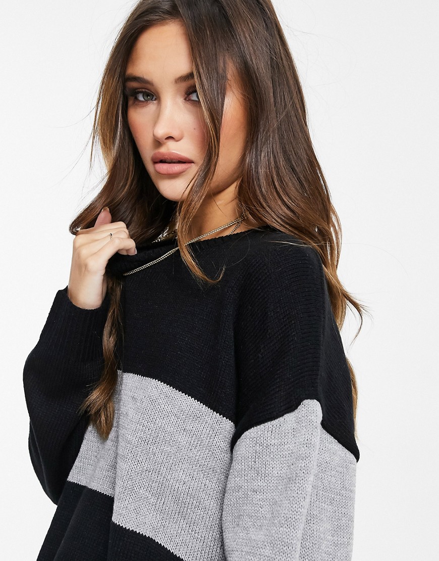Liquorish Oversized Knitted Sweater In Black And Gray-multi