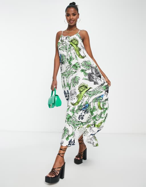 Liquorish - Oversized maxi-camikjole med fugle- og blomsterprint