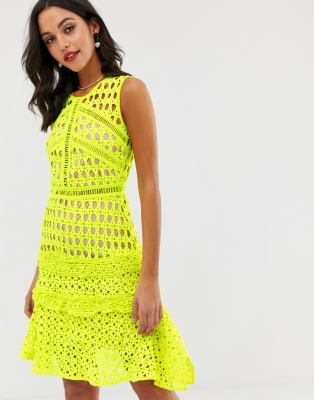 Dropping Hints Lace Dress - Neon Yellow