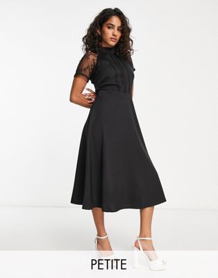 Liquorish Petite A Line Lace Detail Midi Dress In Black Print