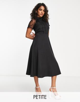 Liquorish Petite A Line Lace Detail Midi Dress In Black Print