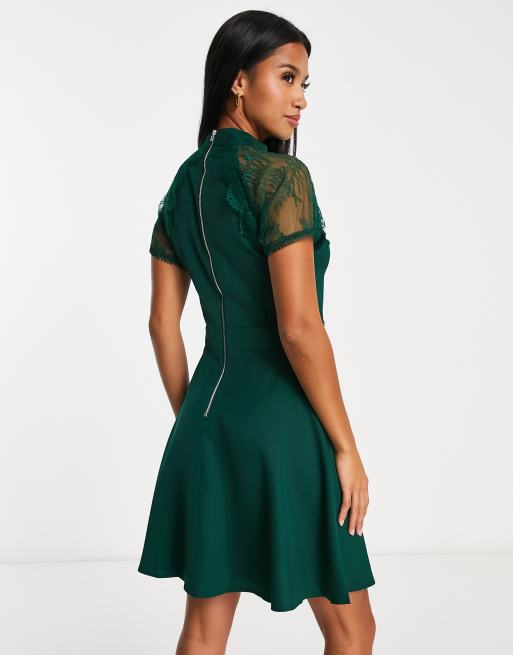 Love Swept Emerald Green Lace Midi Skater Dress With Pockets