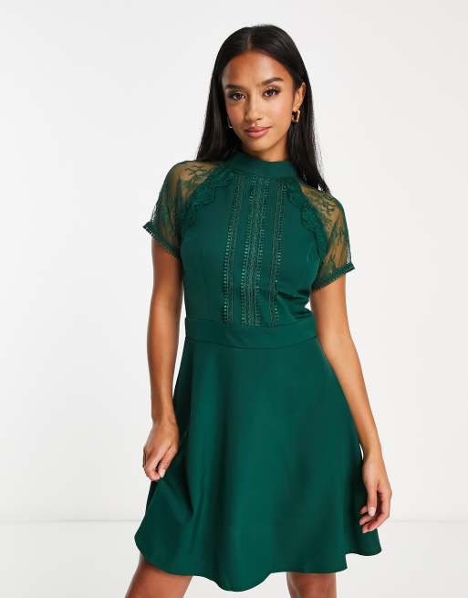 Liquorish Petite a line lace detail mini dress in emerald