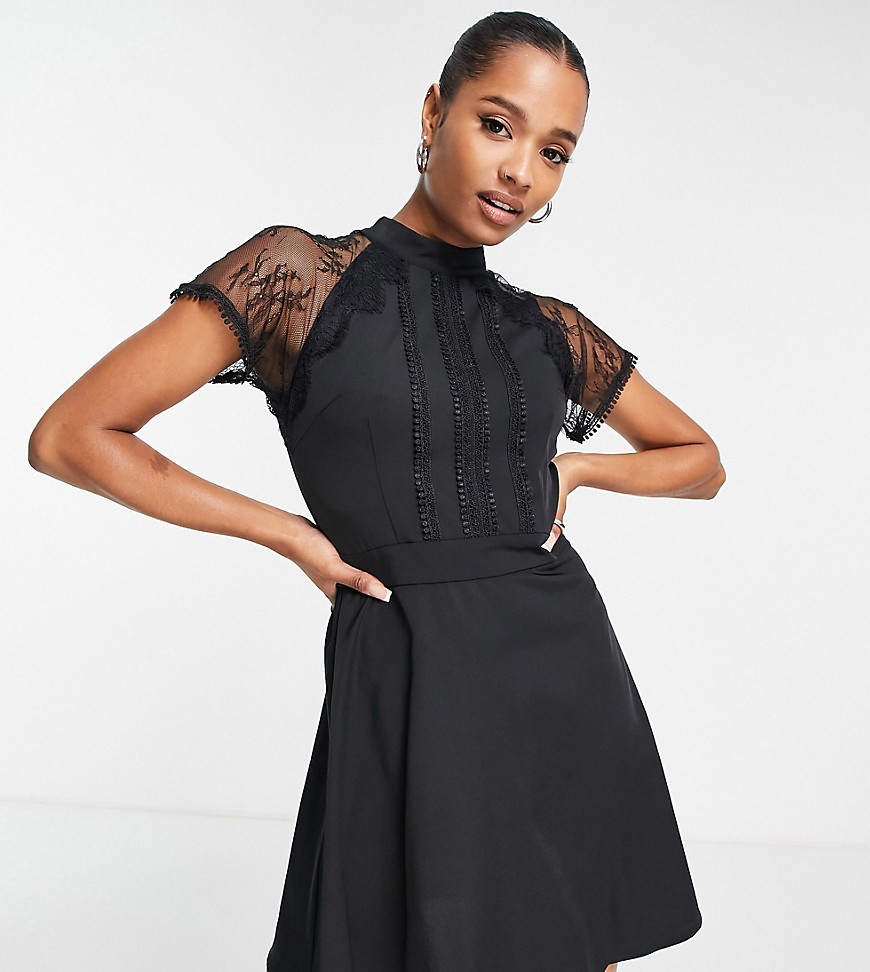 Liquorish Petite Embellished Front A-line Mini Dress With Sheer Lace Detail Sleeves-black