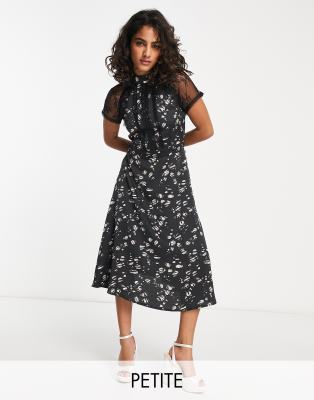 Liquorish Petite A Line Midi Dress In Lace Black