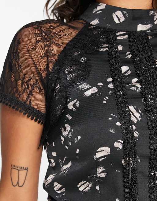 Liquorish a line lace detail midi dress in black leopard print