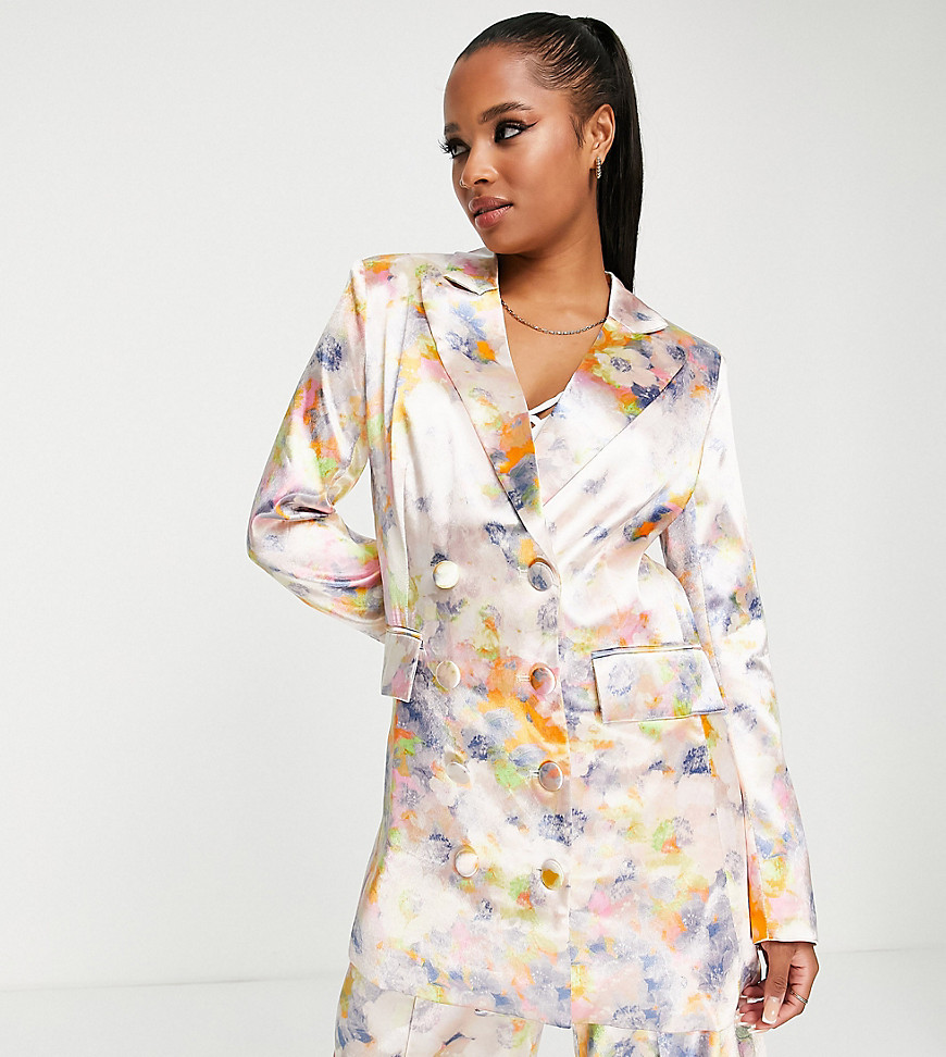 Liquorish Petite Bridesmaid satin tailored double breast blazer in soft washed pastel floral - part of a set-Multi