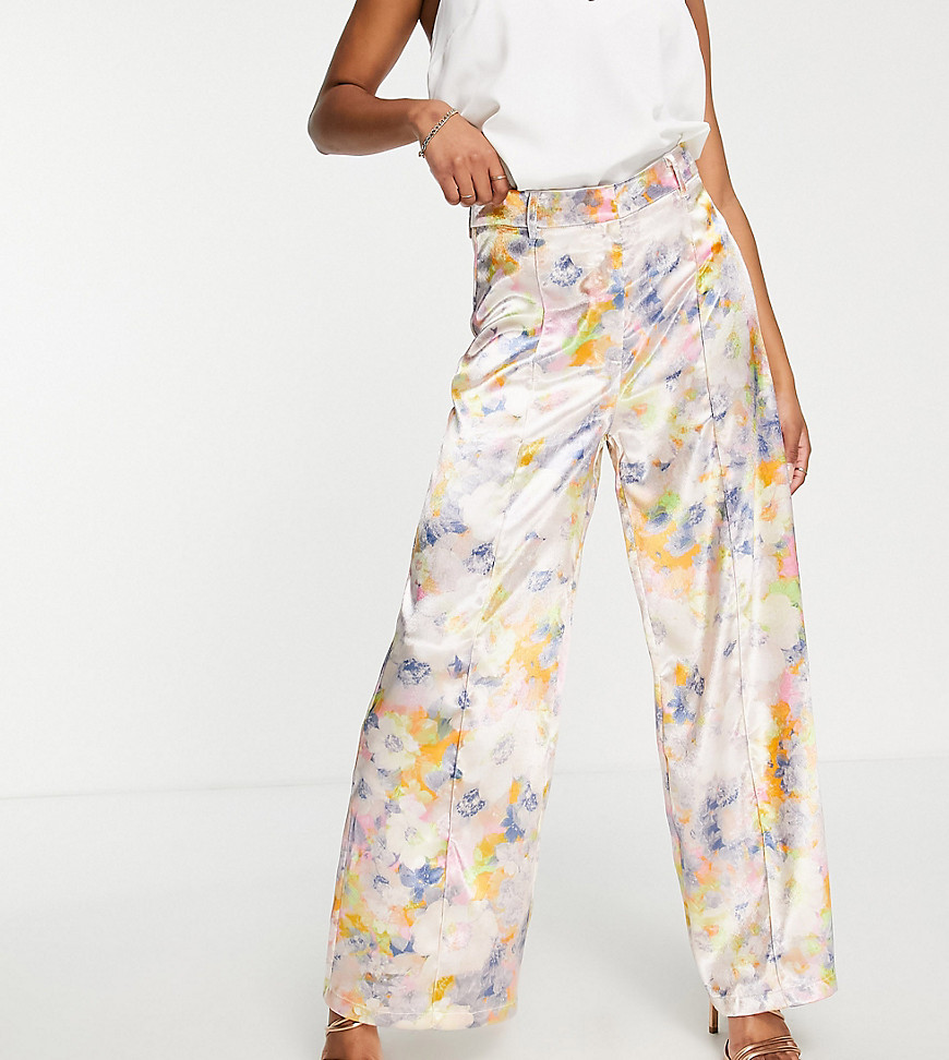 Liquorish Petite Bridesmaid satin tailored pants in soft washed pastel floral - part of a set-Multi