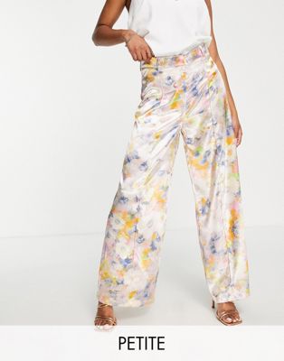 Liquorish Petite satin tailored trouser co-ord in soft pastel floral