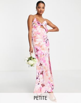 Liquorish Petite Bridesmaid Satin Twist Front Maxi Dress With Split In Pastel Floral-multi