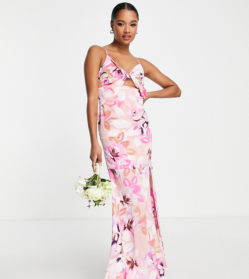 Liquorish Petite Bridesmaid Satin Twist Front Maxi Dress With Split In Pastel Floral-multi