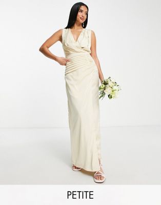 Bridesmaid satin wrap front maxi dress in champagne-Yellow