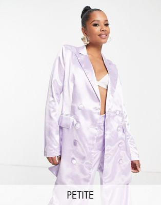satin tailored double breast blazer in lilac - part of a set-Blue