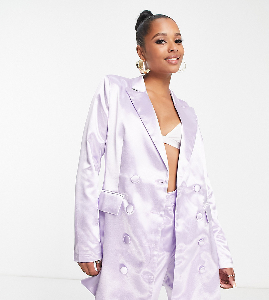 satin tailored double breast blazer in lilac - part of a set-Blue