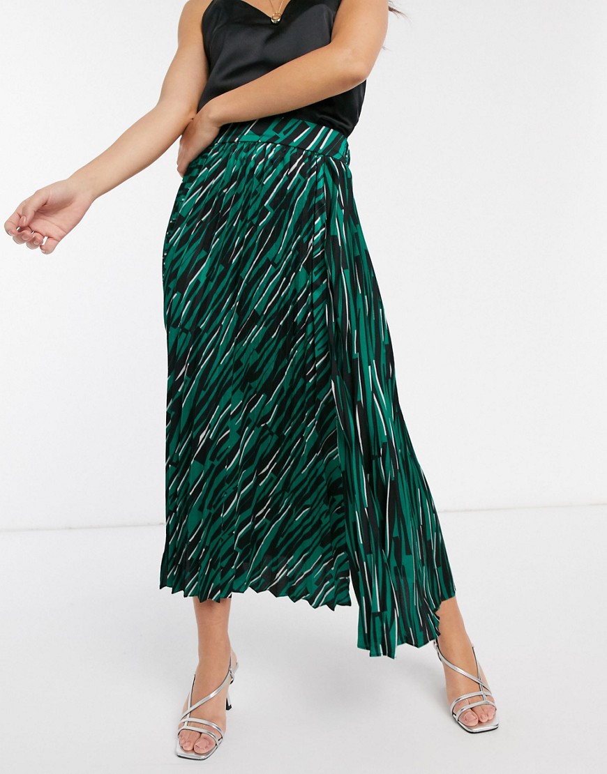 Liquorish - Plisseret midaxi nederdel i abstrakt print med sideslids-Grøn