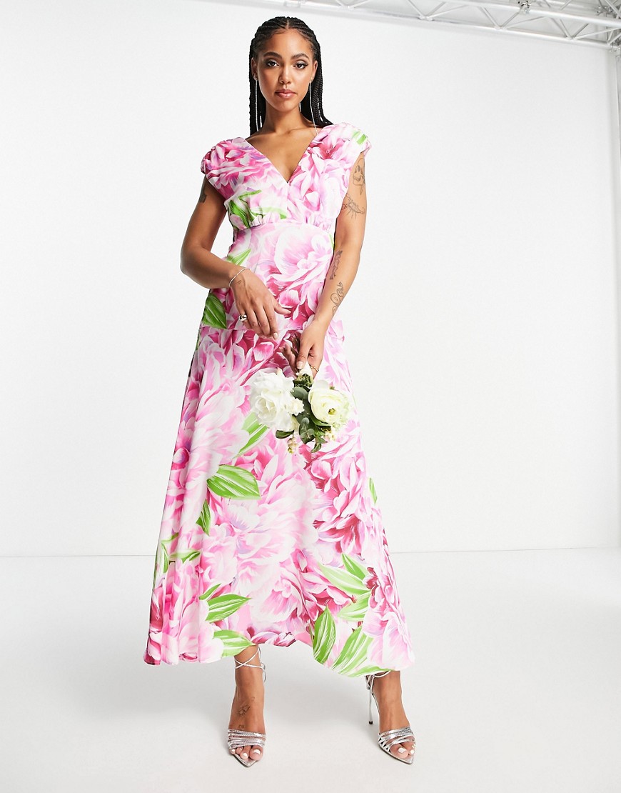 Liquorish plunge front maxi dress in green and pink floral-Multi
