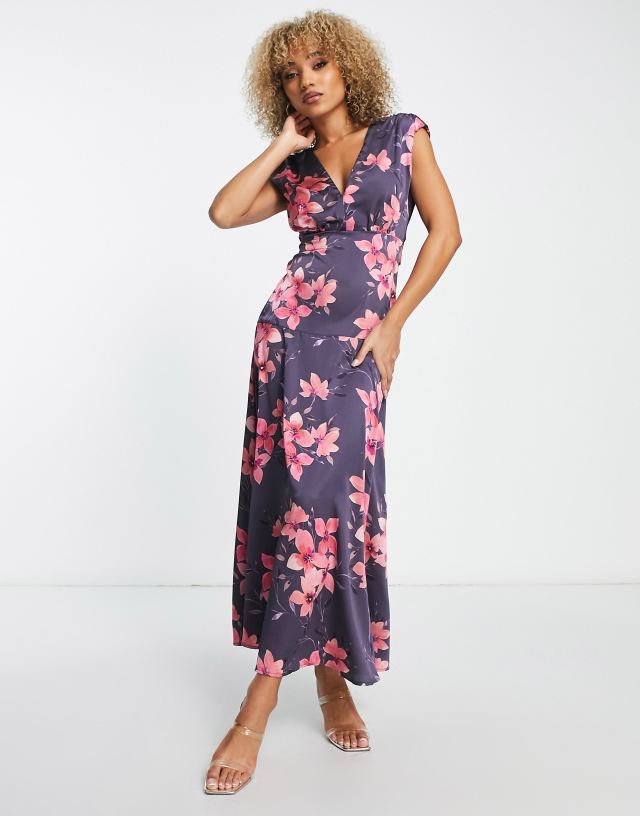 Liquorish plunge front maxi dress in scattered dark gray floral