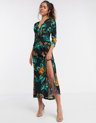 Liquorish Plunge Midi Dress In Tropical-multi In Multi