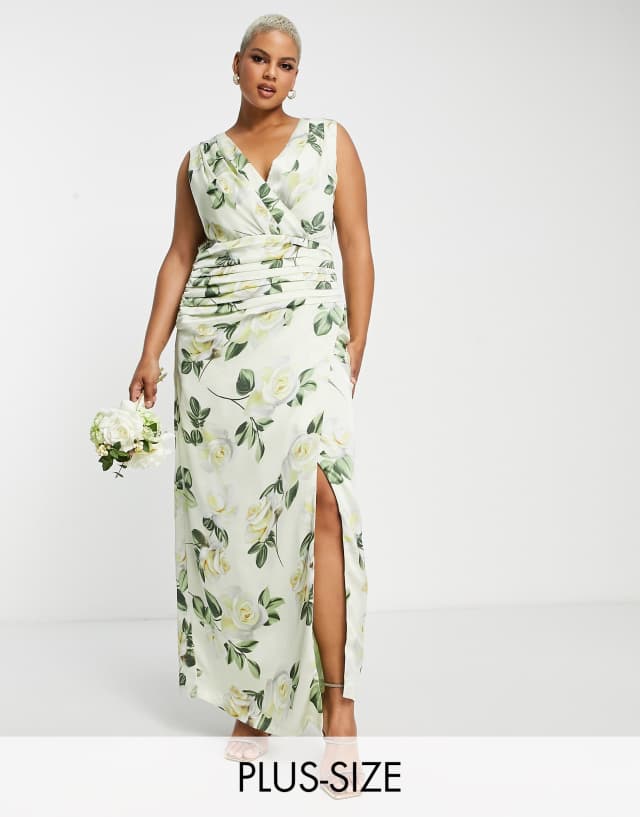 Liquorish Plus Bridal satin wrap maxi dress with belt in white rose print