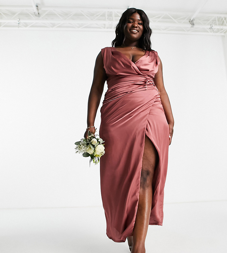 Liquorish Plus Bridesmaid satin wrap front maxi dress with wrap skirt in forever rose-Pink