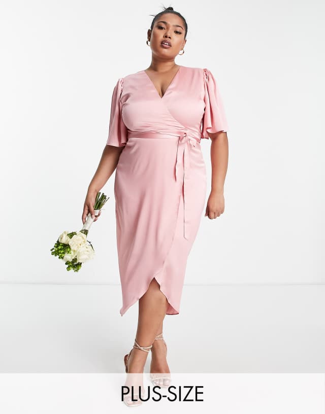 Liquorish Plus Bridesmaid satin wrap front midaxi dress in soft rose pink