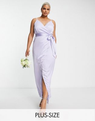 Liquorish Plus Bridesmaid satin wrap maxi dress with belt in lilac