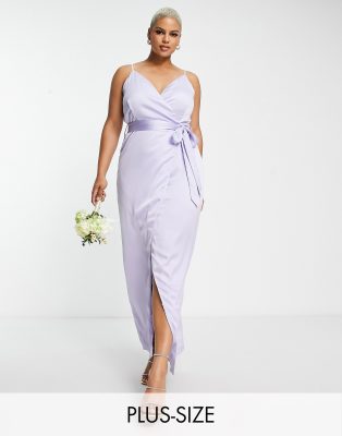 Liquorish Plus Liquorish Plus Bridesmaid satin wrap maxi dress with belt in lilac-Blue