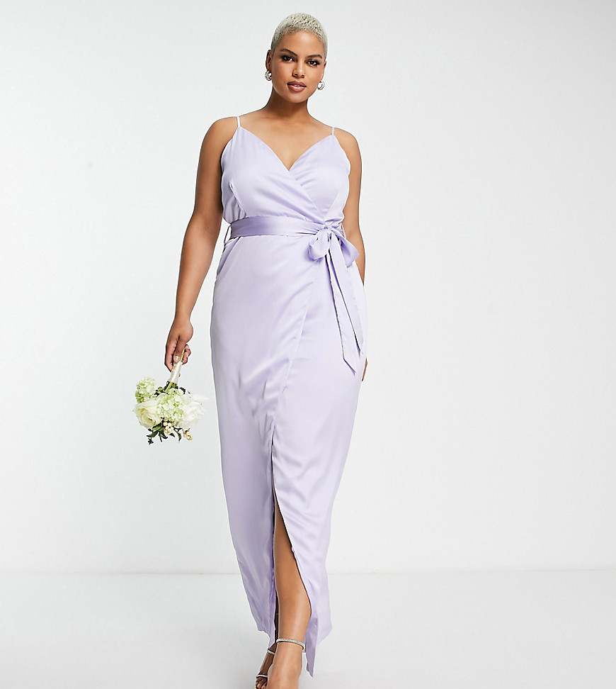 Bridesmaid satin wrap maxi dress with belt in lilac-Blue