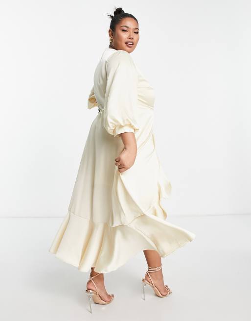 Liquorish Plus Bridesmaid satin wrap midi dress with puff sleeve in  champagne | ASOS