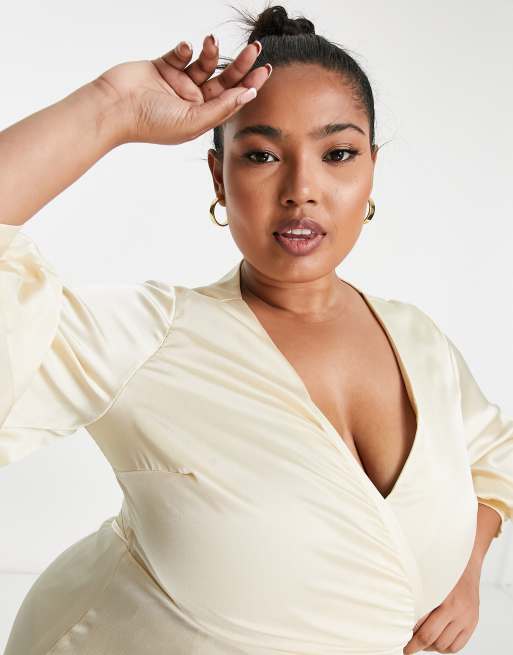 Liquorish Plus Bridesmaid satin wrap midi dress with puff sleeve in  champagne