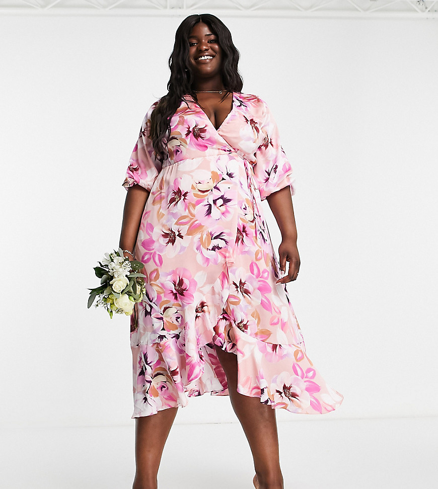 Liquorish Plus Bridesmaid Satin Wrap Midi Dress With Puff Sleeve In Soft Washed Pastel Floral-multi