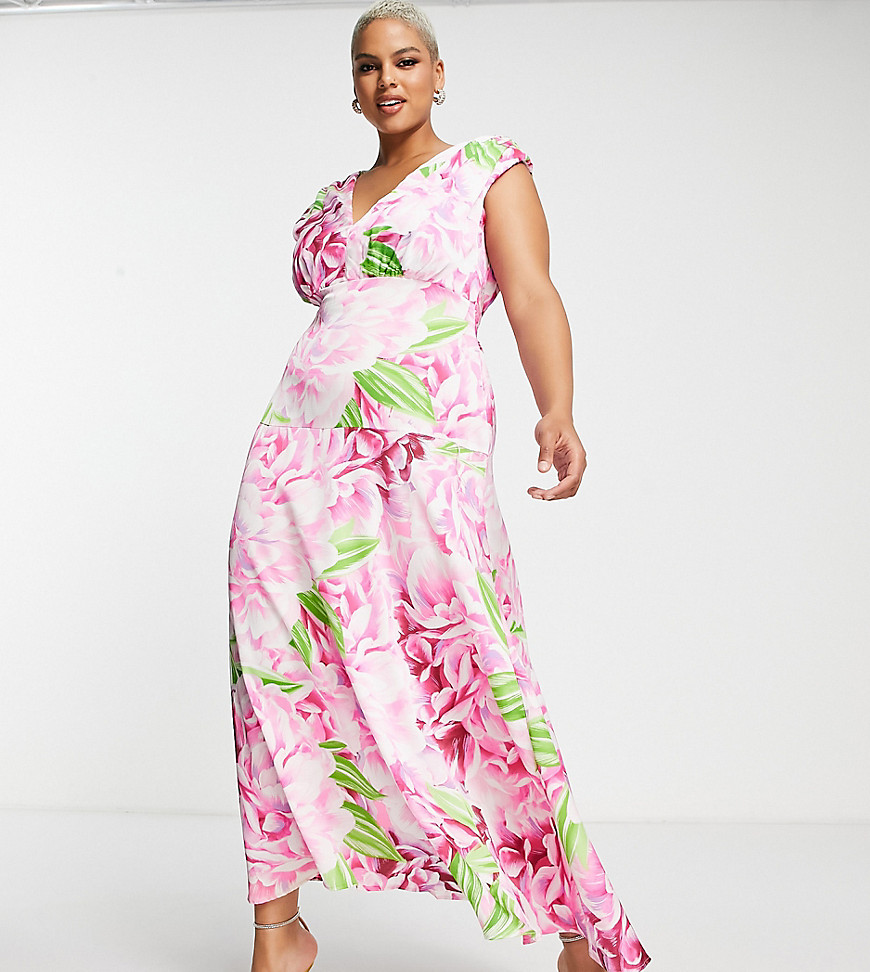Liquorish Plus plunge front maxi dress in green and pink floral-Multi