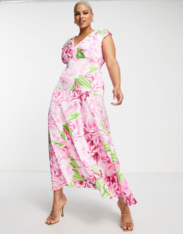 Liquorish Plus plunge front maxi dress in green and pink floral