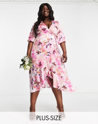 Liquorish Plus - Robe cache-cœur mi-longue à manches bouffantes en satin - Imprimé fleurs pastel