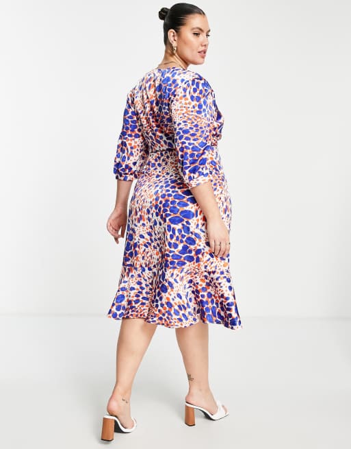 Liquorish Plus - Robe cache-cœur mi-longue à volants et imprimé animal - Bleu , 2 de 4
