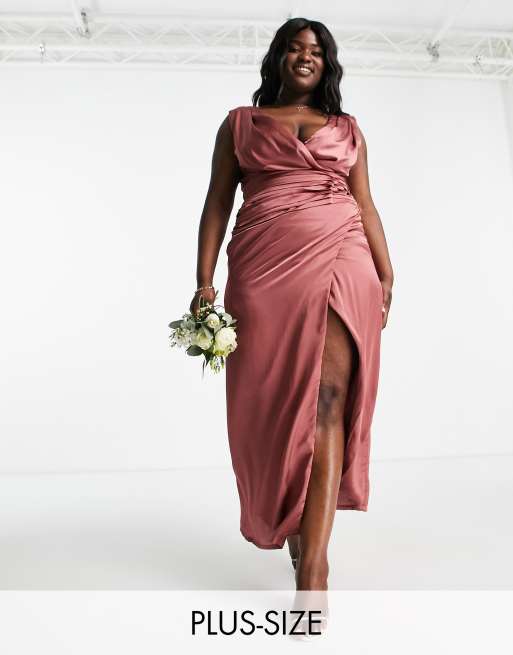 Liquorish Plus - Robe portefeuille longue de demoiselle d'honneur en satin - Rose éternel 