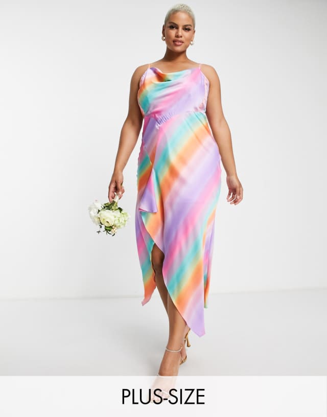 Liquorish Plus satin slip dress with frill detail in ombre print