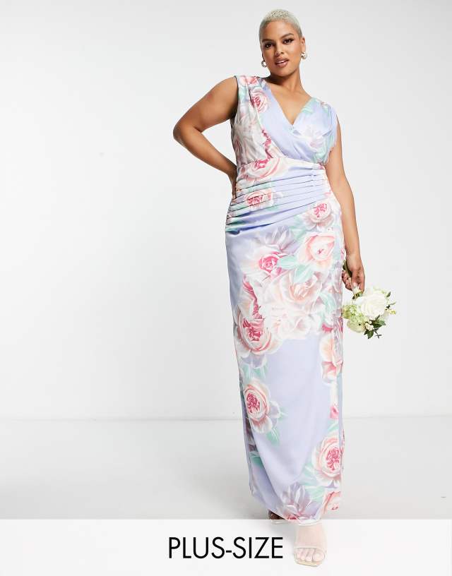 Liquorish Plus satin wrap front maxi dress in blue floral