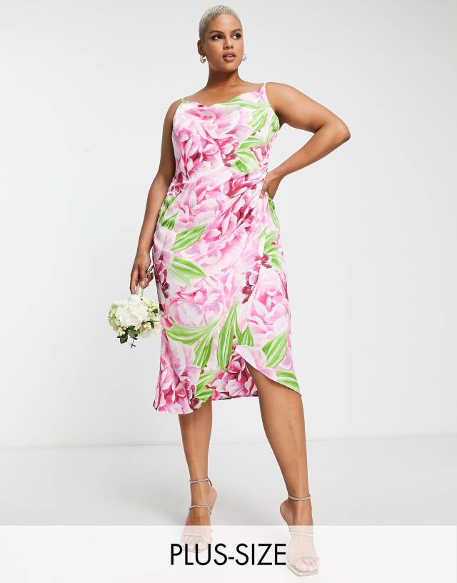 Liquorish Plus satin wrap midi dress in green and pink floral print