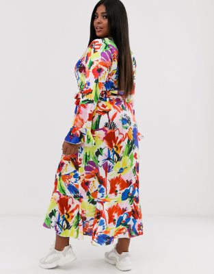 liquorish wrap front midi tea dress in floral print