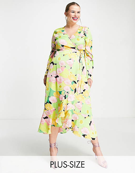 Liquorish Plus wrap midi dress with frill detail in black and bright floral 