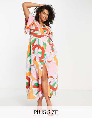 Liquorish Plus Liquorish Plus wrap midi dress with frill sleeve in floral print-Multi