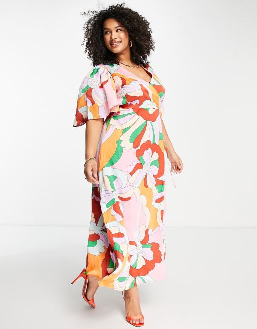 Liquorish Plus wrap midi dress with frill sleeve in floral print