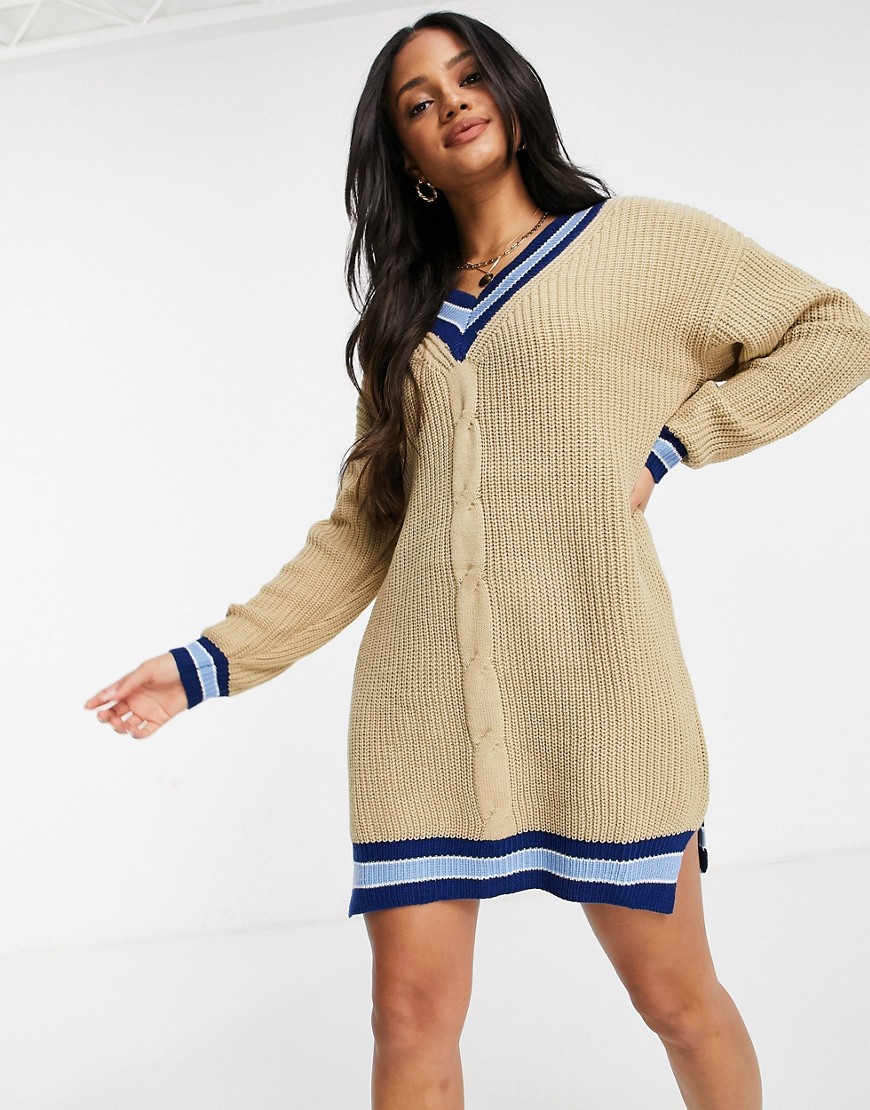 Liquorish premium oversized sweater dress with varsity stripes in beige