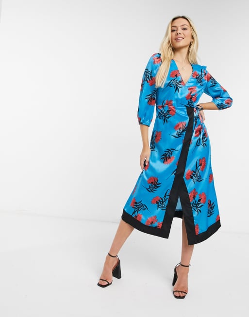 Liquorish - Robe cache-cœur mi-longue à imprimé floral - Bleu