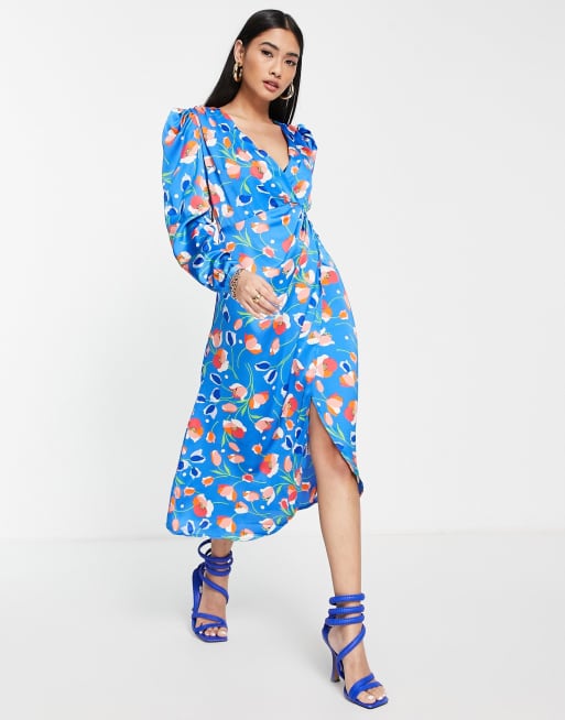 Liquorish - Robe cache-cœur mi-longue - Bleu fleuri