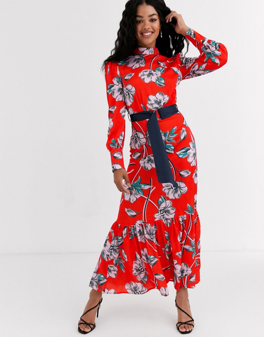 Liquorish ruffle hem maxi dress victoriana dress in floral-Red