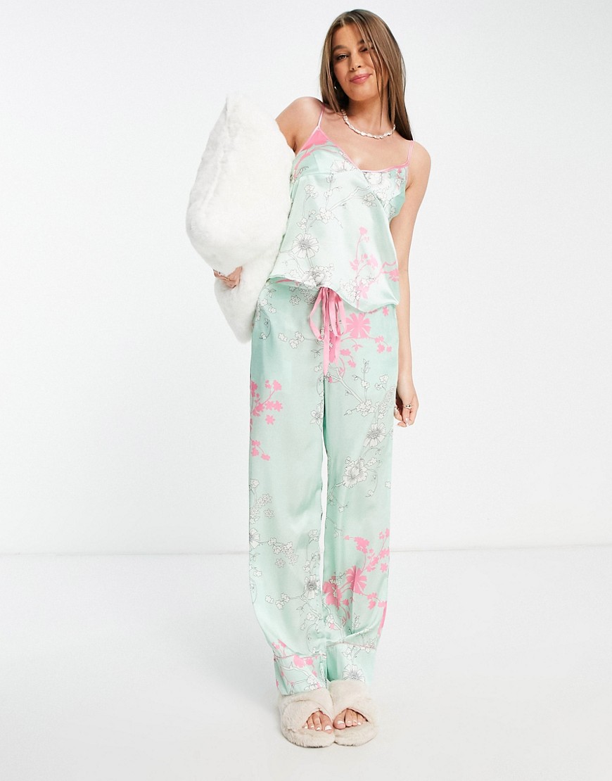 Liquorish satin blossom cami pajama set in mint and pink-Green