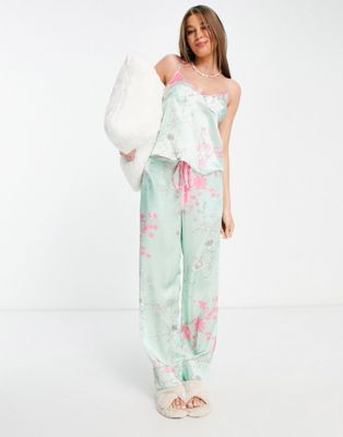 Liquorish satin blossom cami pyjama set in mint and pink | ASOS